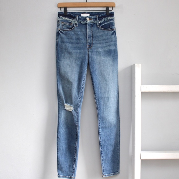 GOOD AMERICAN Womens Blue Zippered Frayed Hem High Waist Distress Jeans Size 27 - Picture 1 of 7